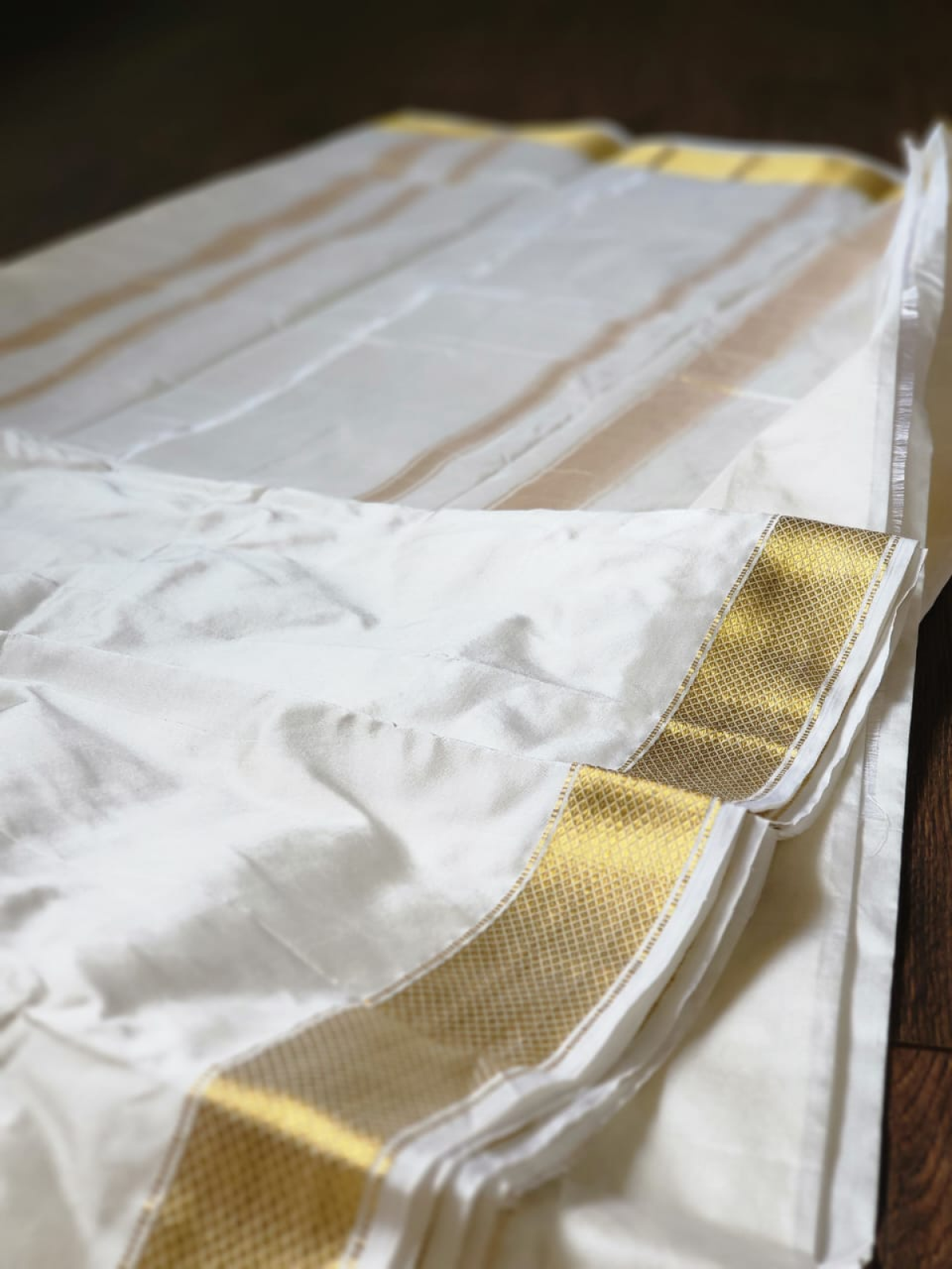 Pure Silk Dhotar - White with White border