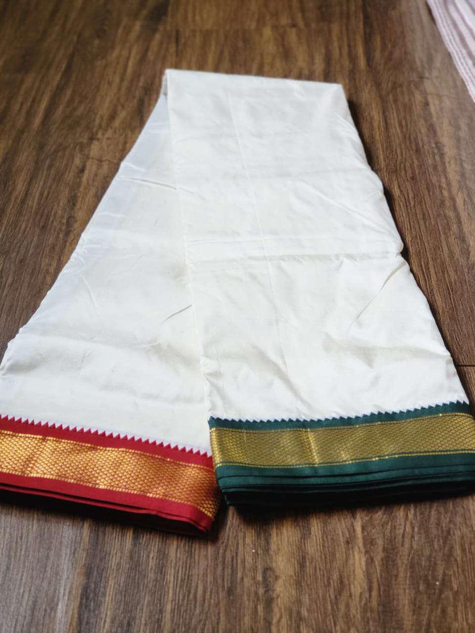Pure Silk Dhotar - White with Green and Red Border